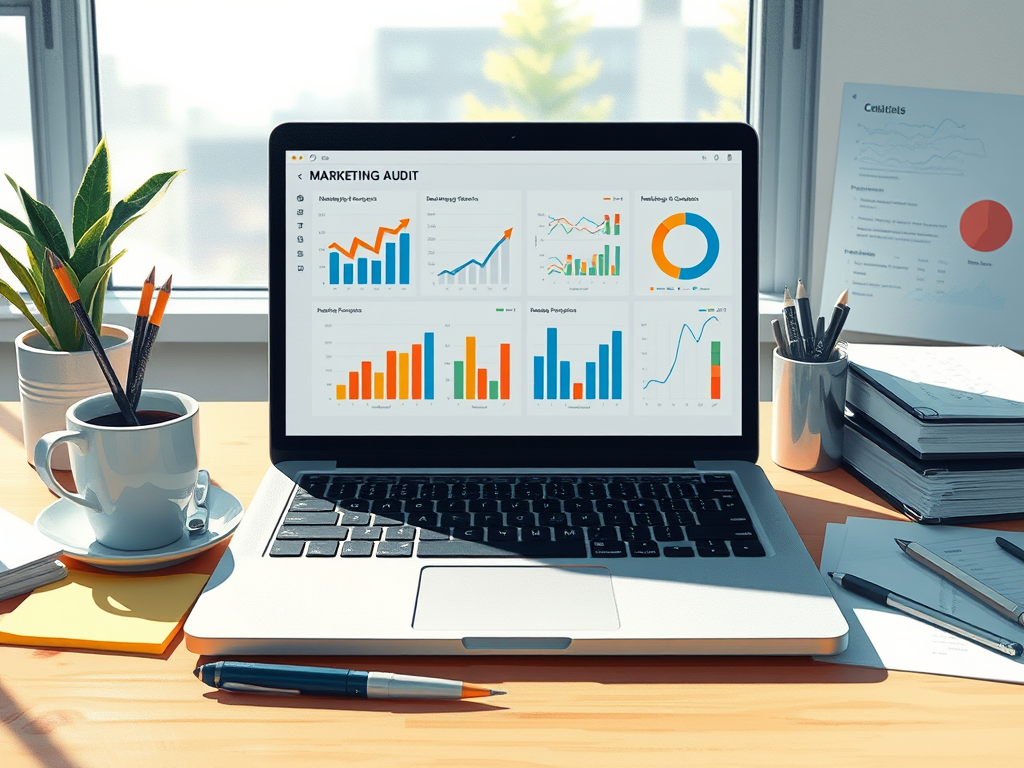 A laptop screen displaying "Marketing Audit" with various charts and graphs, symbolizing data analysis and strategy optimization.